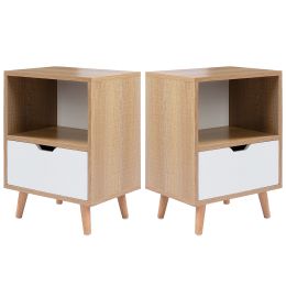 Modern Wooden Bedroom 2-Tier Nightstand End Side Table with Open Shelf;  4 Anti-Slip Rubber Padded Legs;  & 1 Storage Drawer;  Tan;  Set of 2