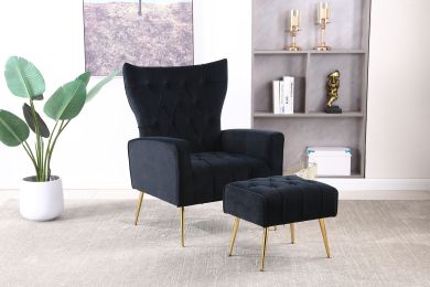 Modern Accent Chair with Ottoman; Comfy Armchair for Living Room; Bedroom; Apartment; Office (Black)