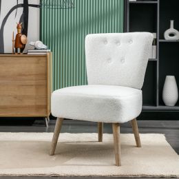 Teddy Fabric Button Accent Slipper Chair With Wooden Legs For Dining Room Living Room Bedroom,White