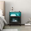 Nightstand with Wireless Charging Station / LED Lights / Drawer; Black Bedside Table for Bedroom