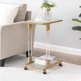 W82153574 Golden Side Table; Acrylic Sofa Table; Glass Top C Shape Square Table with Metal Base for Living Room; Bedroom; Balcony Home and Office