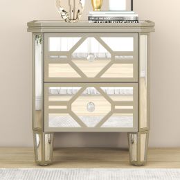 Elegant Mirrored 2-Drawer Nightstand End Table with Golden Lines for Living Room; Bedroom