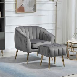 Velvet Accent Chair with Ottoman; Modern Tufted Barrel Chair Ottoman Set for Living Room Bedroom; Golden Finished; Grey