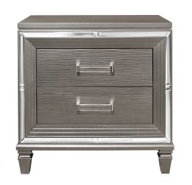 Elegant Style Silver-Gray Metallic Finish Nightstand Beveled Mirror Trim Dovetail Drawers Wooden Furniture