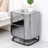 Mirrored Nightstand; Mirrored Bedside Table; Grey End Table for Bedroom; Living Room (Black Iron Frame)