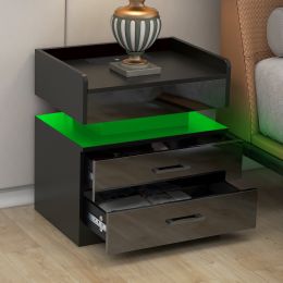 Nightstand with 2 Drawers; USB Charging Ports; Wireless Charging and Remote Control LED Light-Black