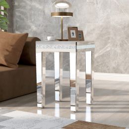 ON-TREND Fashionable Modern Glass Mirrored Side Table; Easy Assembly End Table with Crystal Design and Adjustable Height Legs; Silver