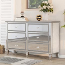 Elegant Mirrored Dresser with 6 Drawers; Modern Silver Finished Dresser 56.1&ldquo;L x 18.1&rdquo; W x 36.4&rdquo; H for Living Room Bedroom