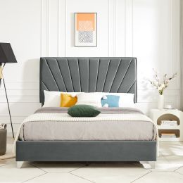 B108 Beautiful line stripe cushion headboard Queen bed; strong wooden slats + metal support feet; Gray Flannelette