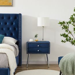 B109-TA Upholstered in durable 100% Blue Velvet nightstand Classic silver rivet elegant button tufted design with two drawer and metal legs