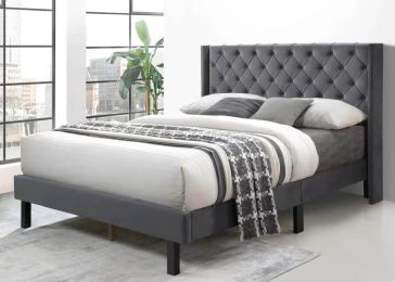 Linen Button Tufted-Upholstered Bed with Curve Design - Strong Wood Slat Support&nbsp;- Easy Assembly - Gray; Queen AL