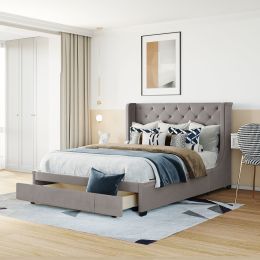 Queen Size Storage Bed Velvet Upholstered Platform Bed with Wingback Headboard and a Big Drawer (Gray)