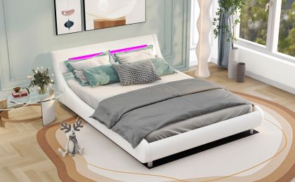 Queen Size Low Profile Upholstered Platform Bed with LED Headboard; White