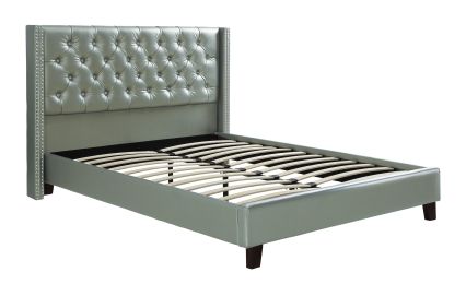 Queen Size Bed 1pc Bed Set Silver Faux Leather Upholstered Tufted Bed Frame Headboard Bedroom Furniture