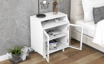 Nightstand with Storage Shelves and Cabinets for Living Room/Bedroom; Glass Door; USB Charging; White