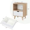 Modern Wooden Bedroom 2-Tier Nightstand End Side Table with Open Shelf;  4 Anti-Slip Rubber Padded Legs;  & 1 Storage Drawer;  Tan;  Set of 2