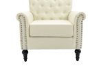 Mid-Century Modern Accent Chair; Linen Armchair w/Tufted Back/Wood Legs; Upholstered Lounge Arm Chair Single Sofa for Living Room Bedroom; Beige