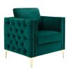 Modern Velvet Armchair Tufted Button Accent Chair Club Chair with Steel Legs for Living Room Bedroom; Green