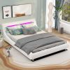 Queen Size Low Profile Upholstered Platform Bed with LED Headboard; White