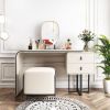 Modern Extendable Makeup Vanity Table with PU Leather;  2 Solid Wood Drawers;  Side Cabinet;  HD Mirror & Upholstered Stool Included