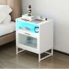 Nightstand with Wireless Charging Station / LED Lights / Drawer; White Bedside Table for Bedroom