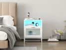 Nightstand with Wireless Charging Station / LED Lights / Drawer; White Bedside Table for Bedroom