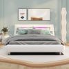 Queen Size Low Profile Upholstered Platform Bed with LED Headboard; White