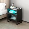 Nightstand with Wireless Charging Station / LED Lights / Drawer; Black Bedside Table for Bedroom