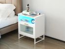 Nightstand with Wireless Charging Station / LED Lights / Drawer; White Bedside Table for Bedroom