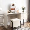 Modern Extendable Makeup Vanity Table with PU Leather;  2 Solid Wood Drawers;  Side Cabinet;  HD Mirror & Upholstered Stool Included