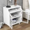 Nightstand with Storage Shelves and Cabinets for Living Room/Bedroom; Glass Door; USB Charging; White