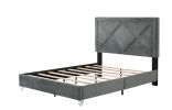 B109 Soft mattress with copper nail headboard; Queen bed; strong wooden slats + metal support feet; Gray Flannelette