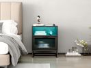 Nightstand with Wireless Charging Station / LED Lights / Drawer; Black Bedside Table for Bedroom