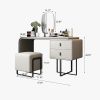 Modern Extendable Makeup Vanity Table with PU Leather;  2 Solid Wood Drawers;  Side Cabinet;  HD Mirror & Upholstered Stool Included