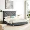 B109 Soft mattress with copper nail headboard; Queen bed; strong wooden slats + metal support feet; Gray Flannelette