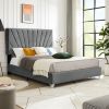 B108 Beautiful line stripe cushion headboard Queen bed; strong wooden slats + metal support feet; Gray Flannelette