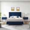 B109-TA Upholstered in durable 100% Blue Velvet nightstand Classic silver rivet elegant button tufted design with two drawer and metal legs