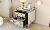 Elegant Mirrored 2-Drawer Nightstand End Table with Golden Lines for Living Room; Bedroom