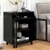 Nightstand with Storage Shelves and Cabinets for Living Room/Bedroom; Glass Door; USB Design; Black