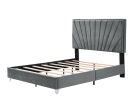 B108 Beautiful line stripe cushion headboard Queen bed; strong wooden slats + metal support feet; Gray Flannelette