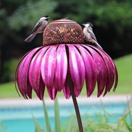 Pink Coneflower Bird Feeder Outdoor Decoration Garden Flower Picaflor Wild Bird Feeder Feeding Outside Rust Resistant Art Metal (Color: Red)