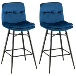 2 Pieces 29 Inch Velvet Bar Stools Set with Tufted Back and Footrests (Color: Blue)