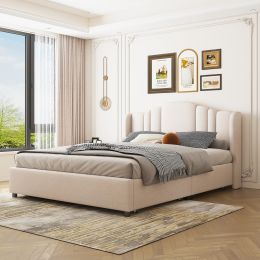 Upholstered Platform Bed with Wingback Headboard and 4 Drawers;  No Box Spring Needed;  Linen Fabric;  Queen Size (Color: Beige)