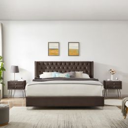 B100S King bed; Button designed Headboard; strong wooden slats + metal legs with Electroplate (Color: as Pic)