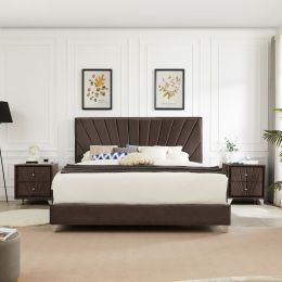 B108 Queen bed Beautiful line stripe cushion headboard ; strong wooden slats + metal legs with Electroplate (Color: as Pic)