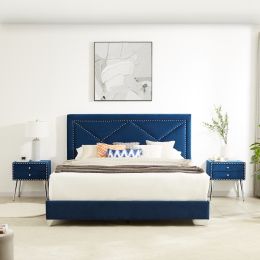 B109 King bed .Beautiful brass studs adorn the headboard; strong wooden slats + metal legs with Electroplate (Color: as Pic)