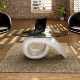 Coffee Table with Oval Glass Top High Gloss White (Color: White)