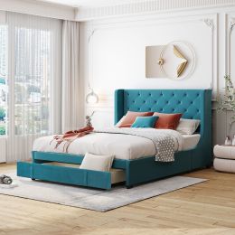 Queen Size Storage Bed Velvet Upholstered Platform Bed with Wingback Headboard and a Big Drawer (Color: Blue)