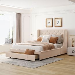 Queen Size Storage Bed Velvet Upholstered Platform Bed with Wingback Headboard and a Big Drawer (Color: Beige)