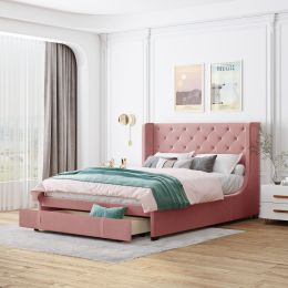 Queen Size Storage Bed Velvet Upholstered Platform Bed with Wingback Headboard and a Big Drawer (Color: Pink)